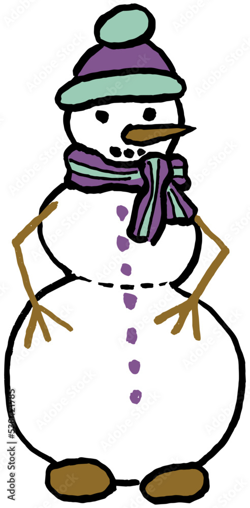 Hand-drawn doodle of a cute snowman dressed in a hat and scarf. Vector cartoon outline color illustration isolated on transparent background Hand-drawn doodle of a cute snowman dressed in a hat and scarf. Vector cartoon outline color illustration isolated on transparent background