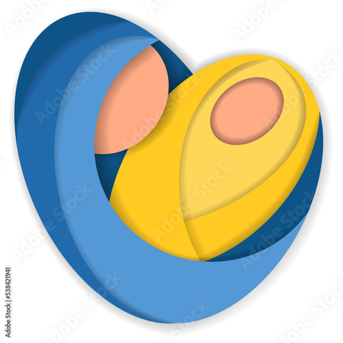 Blue-yellow abstract clipart mother with baby, heart shaped. The concept of Ukrainian refugees from the war, charity in Ukraine. Vector illustration isolated on transparent background