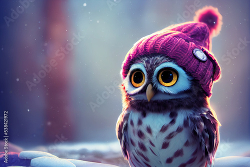 Little owl wearing a beanie hat in the snow. photo