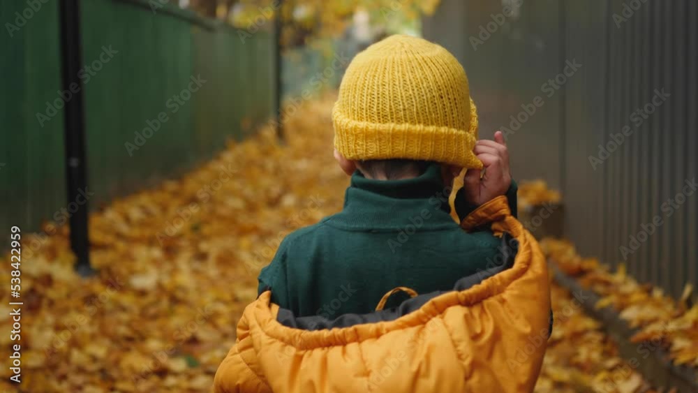 boy child in a yellow vest and hat walks through the foliage in autumn along a path with lanterns in a village, near a green fence during the day