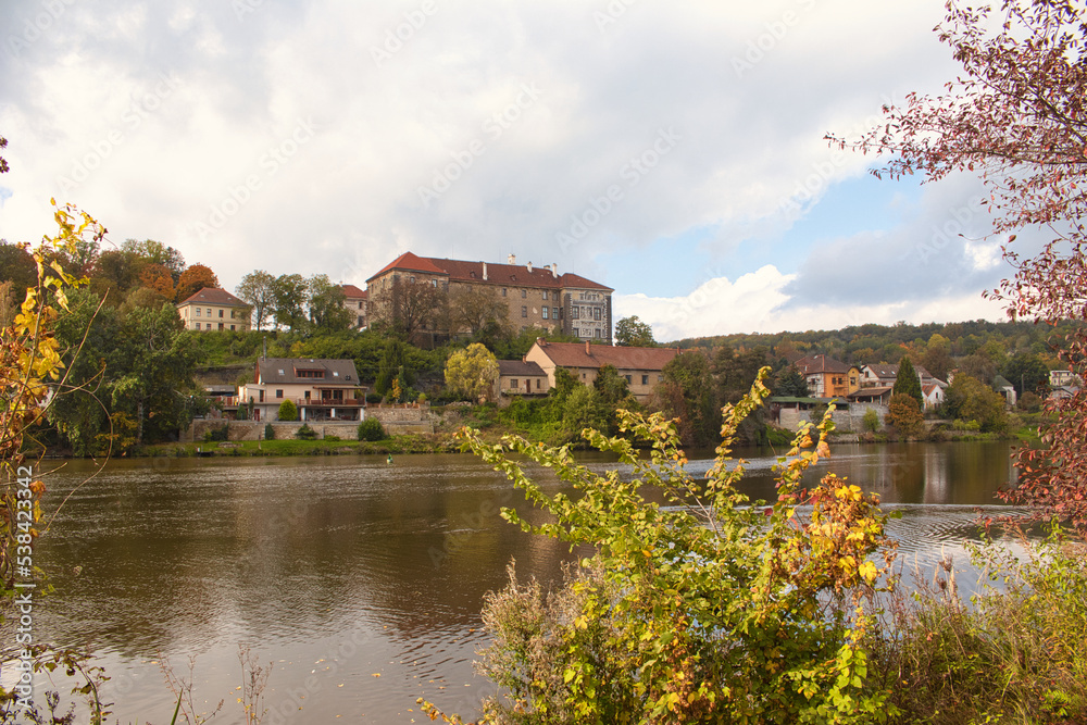 Nelahozeves Chateau, view over Vltava river in autumn day. Czech Republic. Nelahozeves Chateau, view over Vltava river in autumn day. Czech Republic.