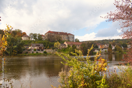 Nelahozeves Chateau, view over Vltava river in autumn day. Czech Republic.