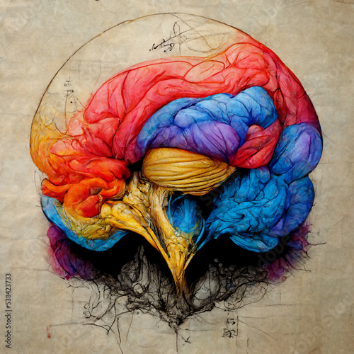 Illustration of human head with colorful motion paths for topics on art, psychology, creativity, imagination and dreams. Creative piece and logic piece with social and business doodle