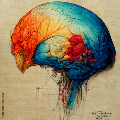 Illustration of human head with colorful motion paths for topics on art, psychology, creativity, imagination and dreams. Creative piece and logic piece with social and business doodle