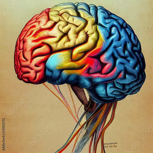 Illustration of human head with colorful motion paths for topics on art, psychology, creativity, imagination and dreams. Creative piece and logic piece with social and business doodle