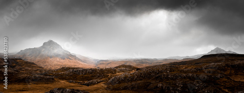 A panoramic view over a valley with mountains and a dramatic sky shot while traveling in Iceland.