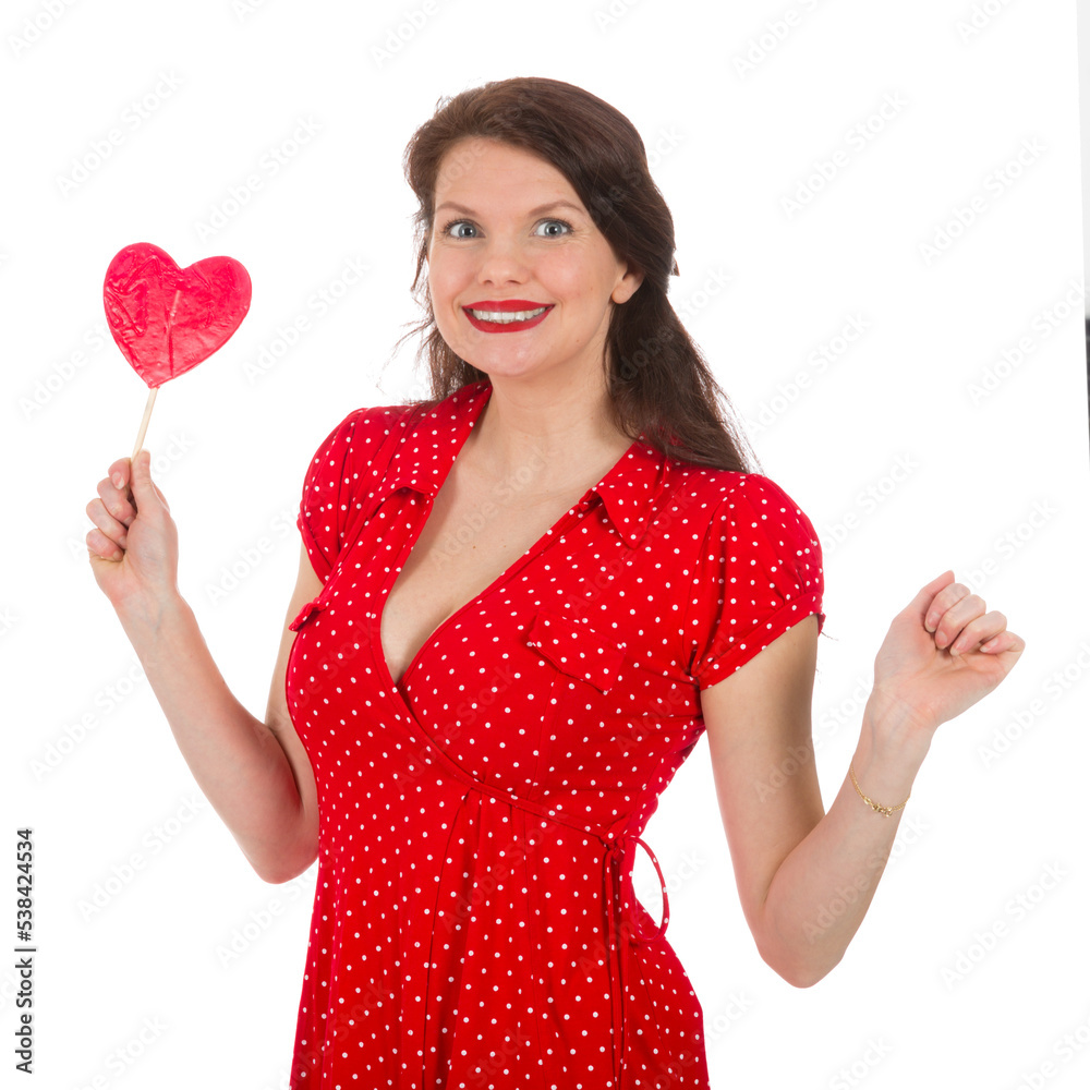 Happy beautiful woman in red dress with colorful lollipop isolated on transparent background Happy beautiful woman in red dress with colorful lollipop isolated on transparent background