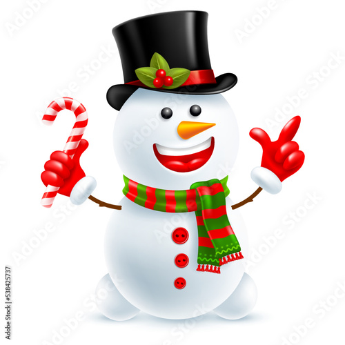 Cute cheerful character snowman in cylinder hat with christmas decor and knitted winter scarf, holding candy cane and pointing a finger at something. 3d Vector illustration