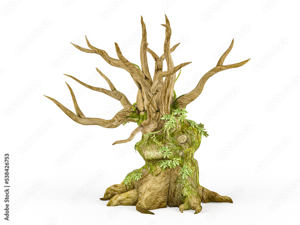 Fototapeta premium Scary dead tree with creeping plant isolated on white background, 3D rendering