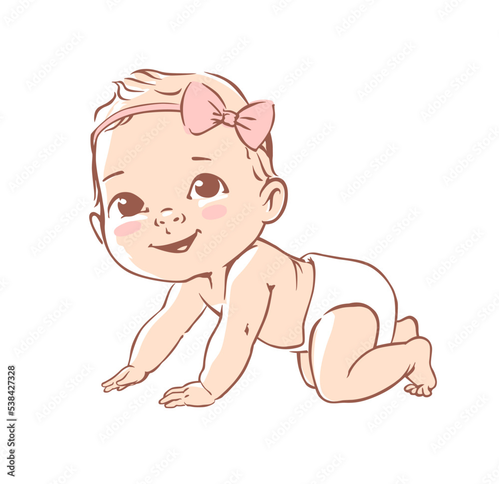 Cute little baby girl in diaper. Active baby of 3-12 months. First year baby development. Newborn crawling and smiling. Happy healthy baby Caucasian ethnic. Color vector illustration set. Cute little baby girl in diaper. Active baby of 3-12 months. First year baby development. Newborn crawling and smiling. Happy healthy baby Caucasian ethnic. Color vector illustration set.