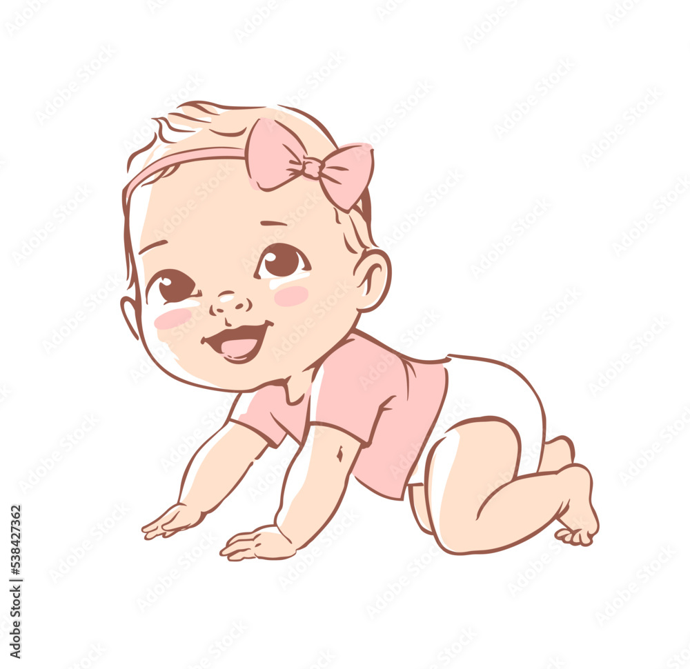 Cute little baby girl in diaper. Active baby of 3-12 months. First year baby development. Newborn crawling and smiling. Happy healthy baby Caucasian ethnic. Color vector illustration set. Cute little baby girl in diaper. Active baby of 3-12 months. First year baby development. Newborn crawling and smiling. Happy healthy baby Caucasian ethnic. Color vector illustration set.