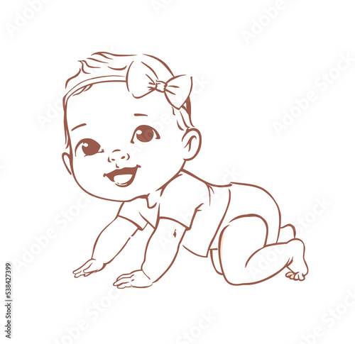 Cute little baby girl in diaper. Active baby of 3-12 months. First year baby development. Newborn crawling and smiling. Happy healthy baby Caucasian ethnic. Line illustration.