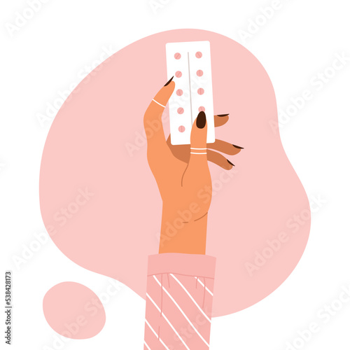 Female hand holding pills in blister pack. Health care and treatment concept. Vector illustration in cartoon style. Isolated white background