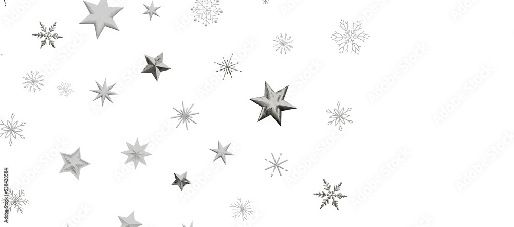 With Realistic Snowflakes Overlay On Light Silver Backdrop. Xmas Holidays With Realistic Snowflakes Overlay On Light Silver Backdrop. Xmas Holidays