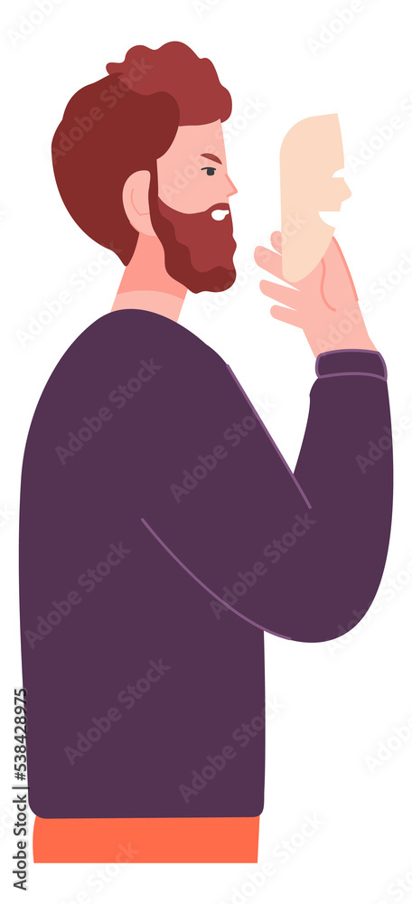 Man hiding face behind mask. Liar with fake smile. Disguise Man hiding face behind mask. Liar with fake smile. Disguise