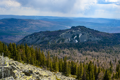 South Ural Mountains with a unique landscape, vegetation and diversity of nature in spring.