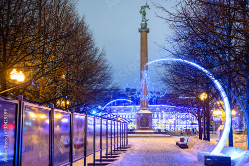 Christmas decoration of streets. The snowstorm.
