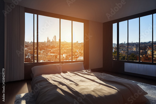 illustration modern design interior bed with panoramic windows and city view