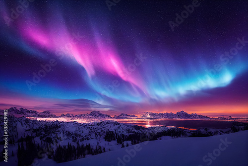 landscape 3d illustration northern lights on the picturesque view over the lake and mountains