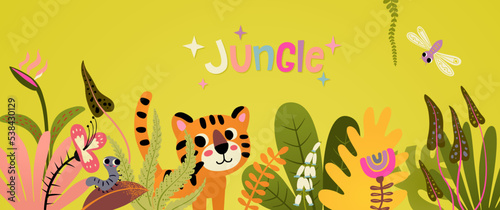 Cartoon jungle horisontal banner with cute lion wildlife. Bright Vibrant color. Tropical leaves, plants and flowers