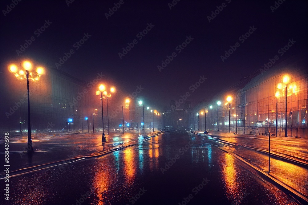 Abstract, Wet City streets at night with lanterns