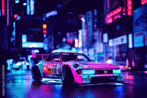 tuned car in tokyo with neon lights, JDM Japanese Domestic Market