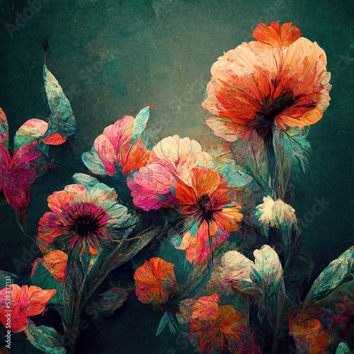 Digital art of abstract flowers blooming grungy turquoise background with bright flowers and orange and pink petals with red, green color splashes, colorful painting fantasy beautiful blossom