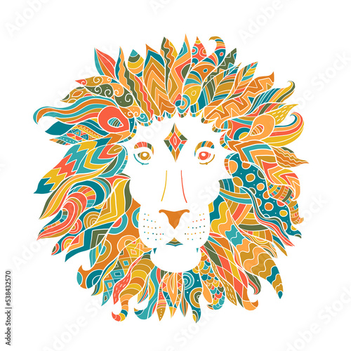 Hand drawn outline lion head decorated with abstract doodle zentangle ornamen...