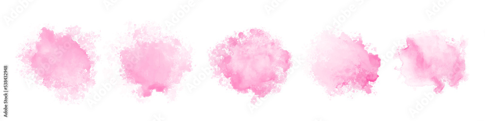 Abstract pink watercolor water splash set on a white background. Vector watercolour texture in rose color. Ink paint brush stain. Pink soft light blot. Watercolor pastel splash