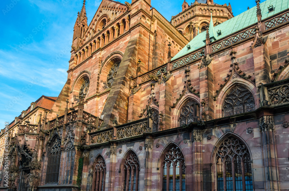 Architectural detail of the Gothic cathedral in Strasbourg, France