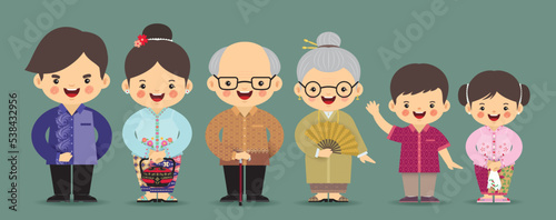 Set of cartoon family wearing peranakan clothing and batik shirt. Nyonya culture flat design. Father, mother, grandfather, grandmother, brother and sister.