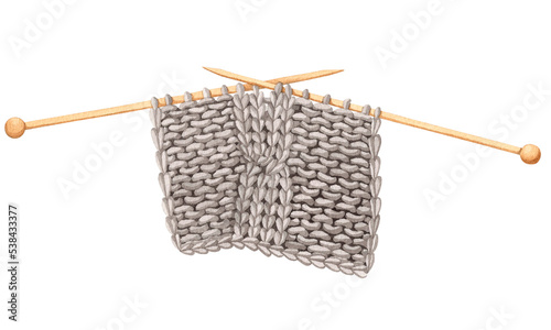 Knitting. Needles and knitted fabric. Watercolor illustration.