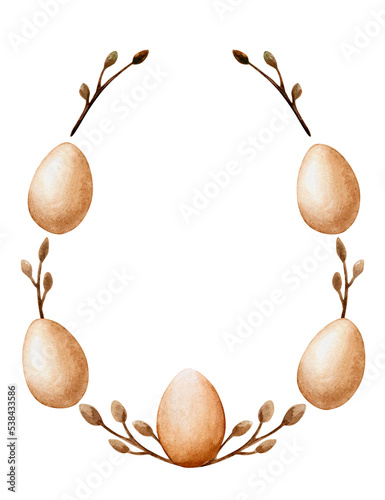 Watercolor frame of eggs and branches, isolated on transparent background