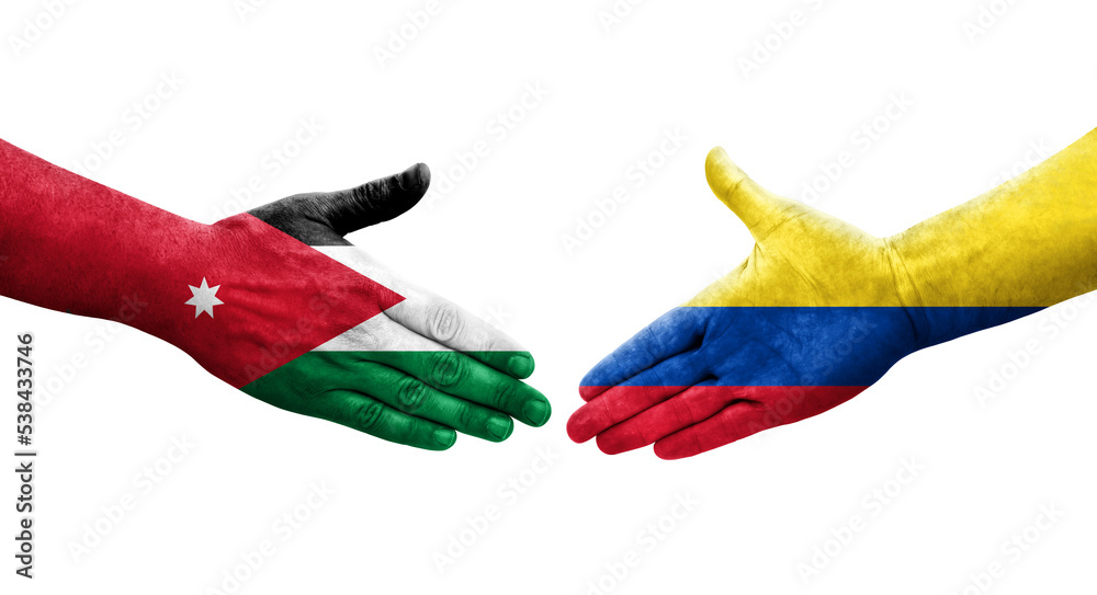 Handshake between Colombia and Jordan flags painted on hands, isolated transparent image.