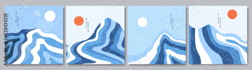 Vector hand drawn illustration. Abstract flat minimalist design landscape set. Winter cold snowy season. Retro nature graphic. Clear sky. Hand drawn mountains. Design for social media, web template