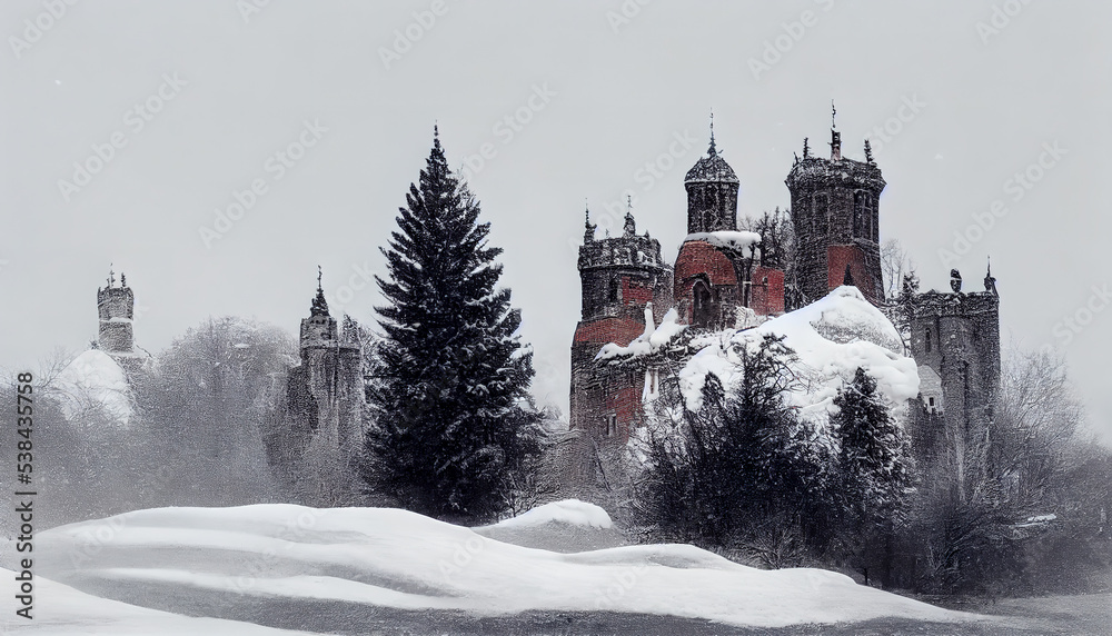 Gothic palace on a mountain in the snow.