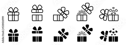 Gift box icon. Present symbol. Christmas box. Surprise with gift box in flat style. Set with gift in linear style. Vector illustration eps 10