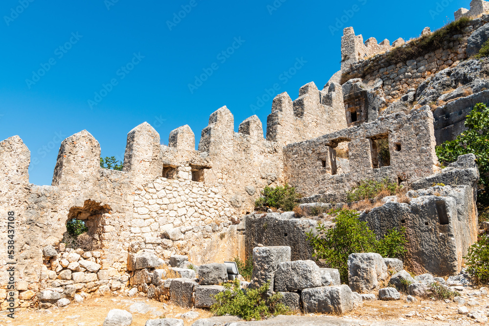 Ruins of a Byzantine fortress in Kalekoy village of Kekova region in Antalya province, Turkey