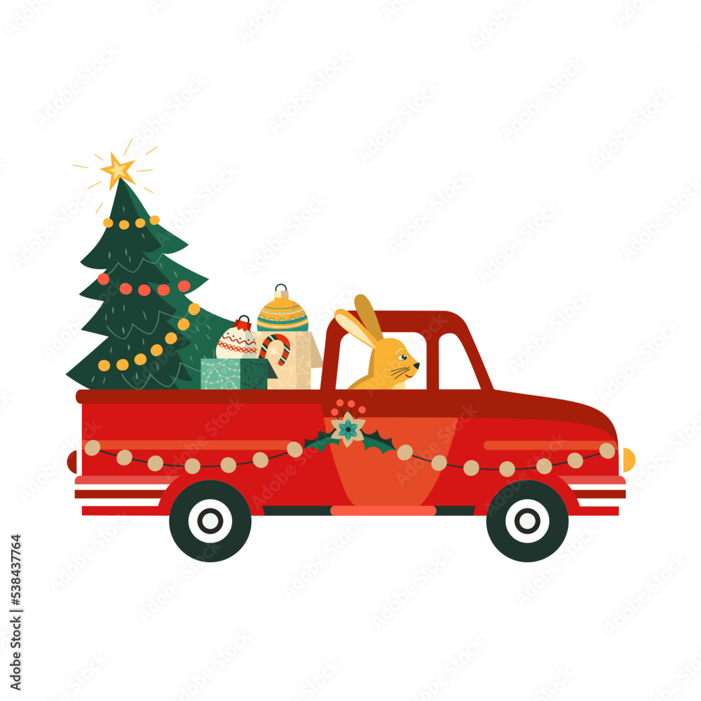 Rabbit deliver Christmas tree by red truck vector icon. Funny bunny transport gifts cartoon design element. New Year hare driving retro car illustration. Festive holiday event celebration background