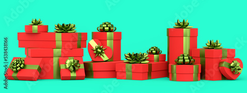 Gift boxes with ribbon and bow isolated on green background. greeting design