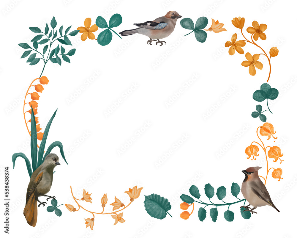 Digital frame with monochrome leaves and northern birds. Transparent layer. Digital frame with monochrome leaves and northern birds. Transparent layer.