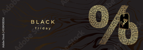Luxury golden banner for Black Friday. Golden textured percent sign with price tag. Black marble background
