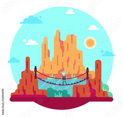 Traveler on a suspension bridge - vector cartoon illustration.