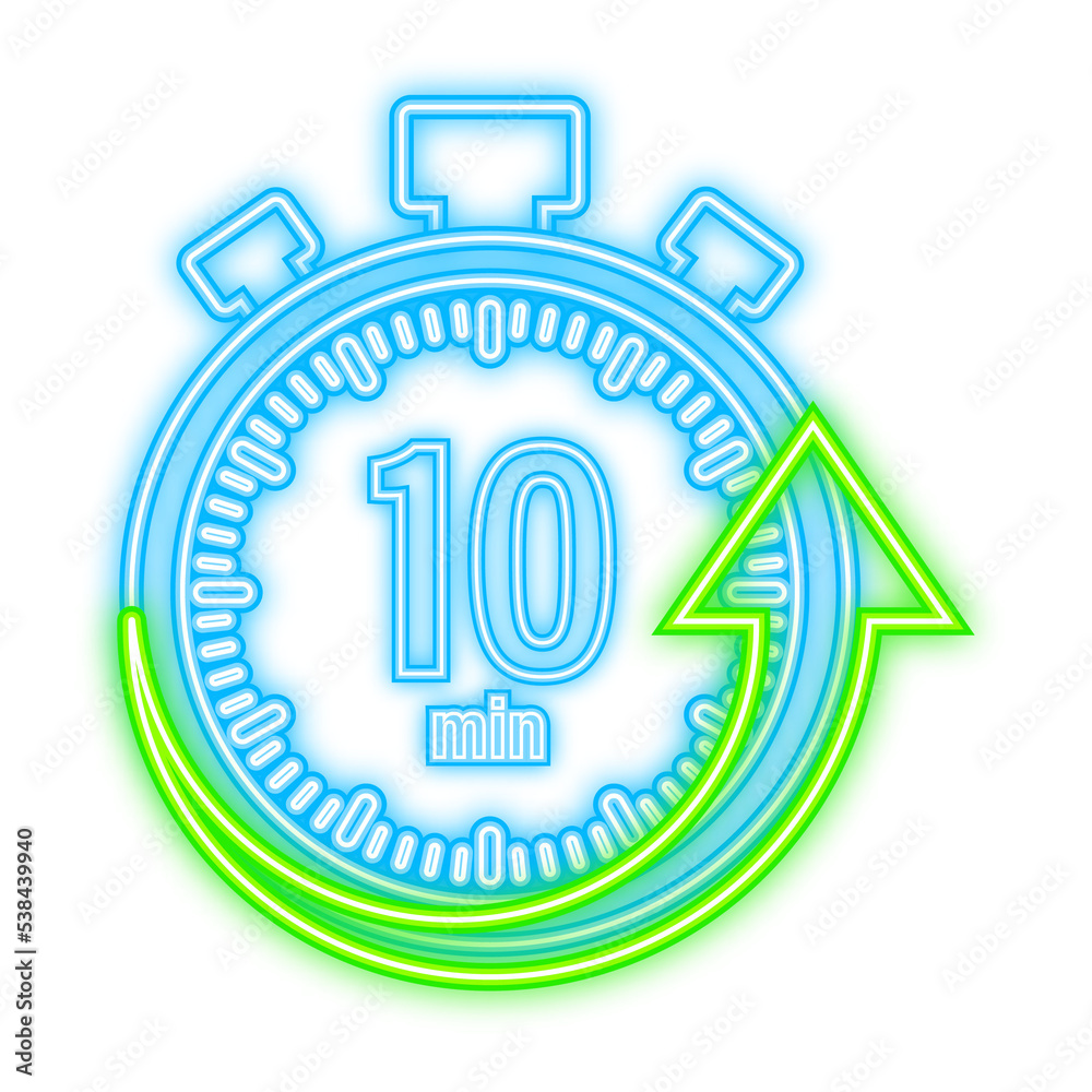 The 10 minutes, stopwatch vector neon icon. Stopwatch icon in flat style, timer on on color background. Vector illustration The 10 minutes, stopwatch vector neon icon. Stopwatch icon in flat style, timer on on color background. Vector illustration