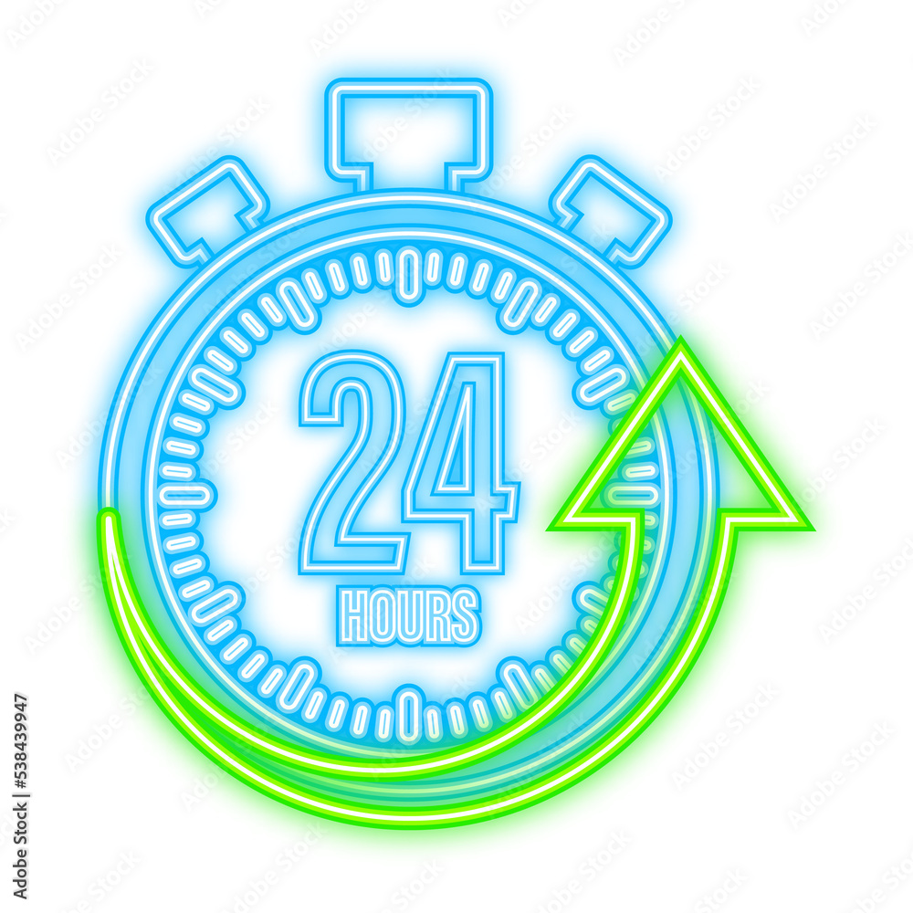 24 hours clock arrow. Neon icon. Work time effect or delivery service time. Vector stock illustration 24 hours clock arrow. Neon icon. Work time effect or delivery service time. Vector stock illustration