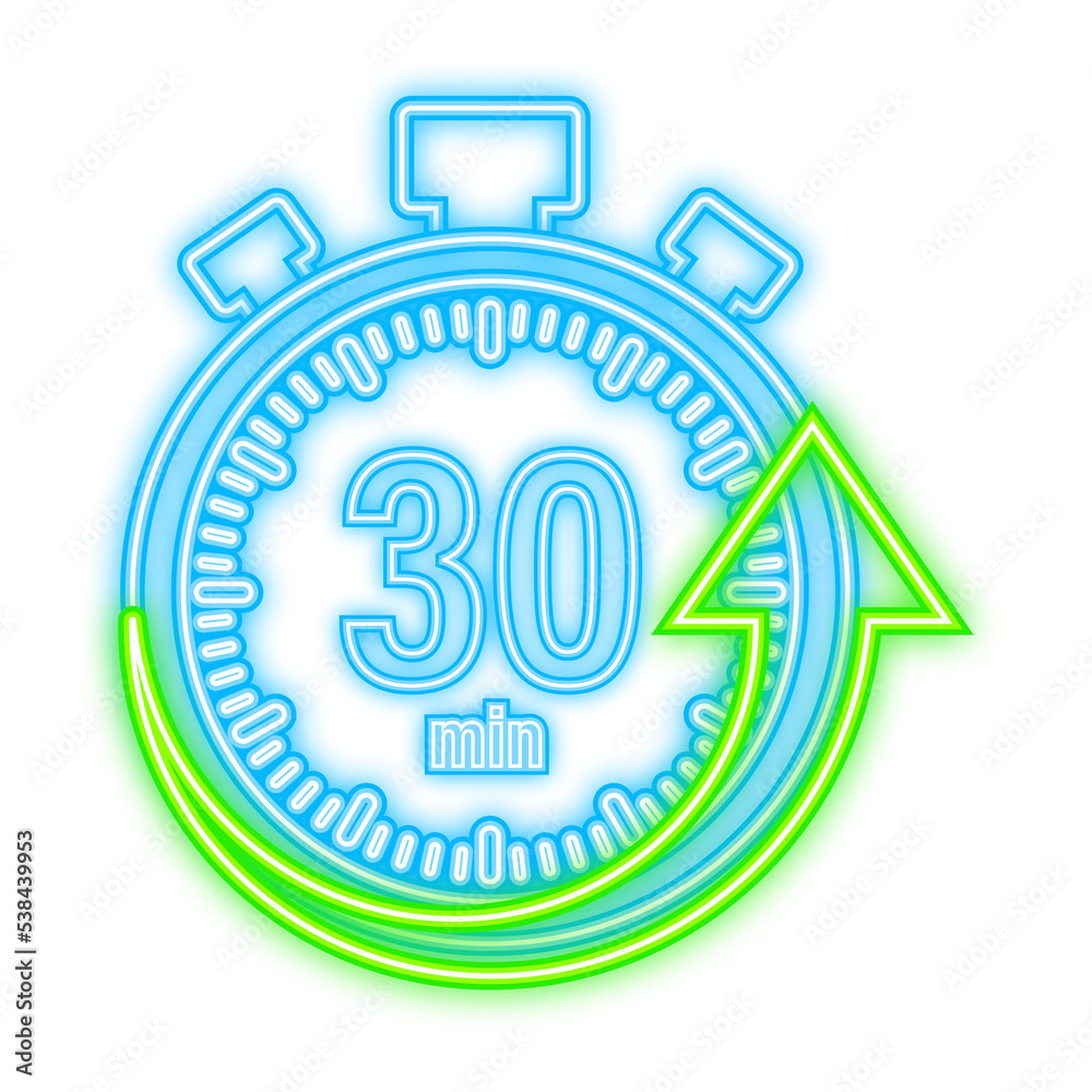 The 30 minutes, stopwatch vector neon icon. Stopwatch icon in flat style, timer on on color background. Vector illustration The 30 minutes, stopwatch vector neon icon. Stopwatch icon in flat style, timer on on color background. Vector illustration