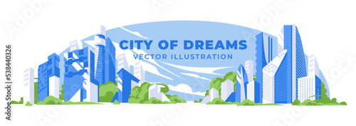 Horizontal panorama of a big city with skyscrapers among green trees. Blue bright sky with clouds and birds. An idyllic lifestyle landscape. Vector flat illustration
