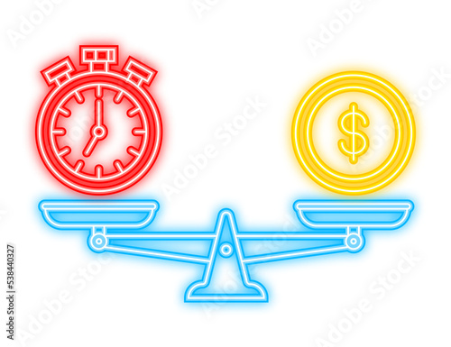 Time is money on scales icon. Neon icon. Money and time balance on scale. Vector stock illustration