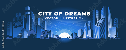 Horizontal panorama of night city with different architecture and skyscrapers. Atmospheric evening scene. Moon and stars in the sky. Vector flat illustration