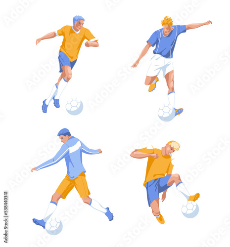 Set of different football players kicking the balls. Vector flat illustration © Maria
